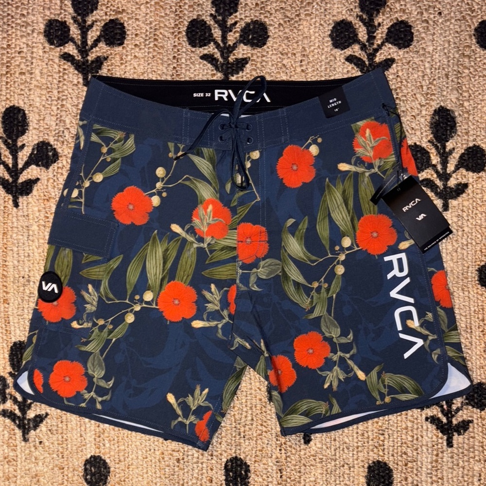 RVCA Men's Navy and Orange Floral Board Shorts